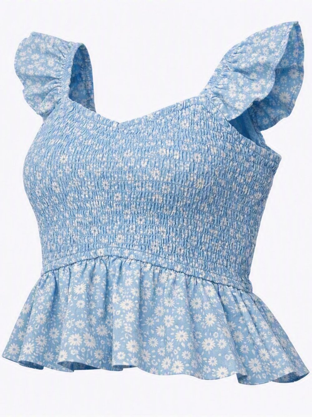 Art Class Blue Floral Smocked Peplum Tank Top Ruffle Straps Cotton